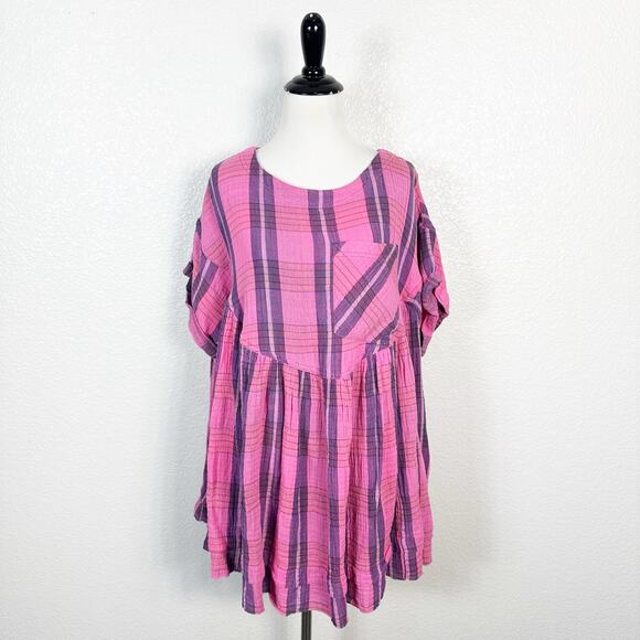Free People Women’s We The Free Moon City Oversized Boho Plaid Top Pink Small - Picture 1 of 12